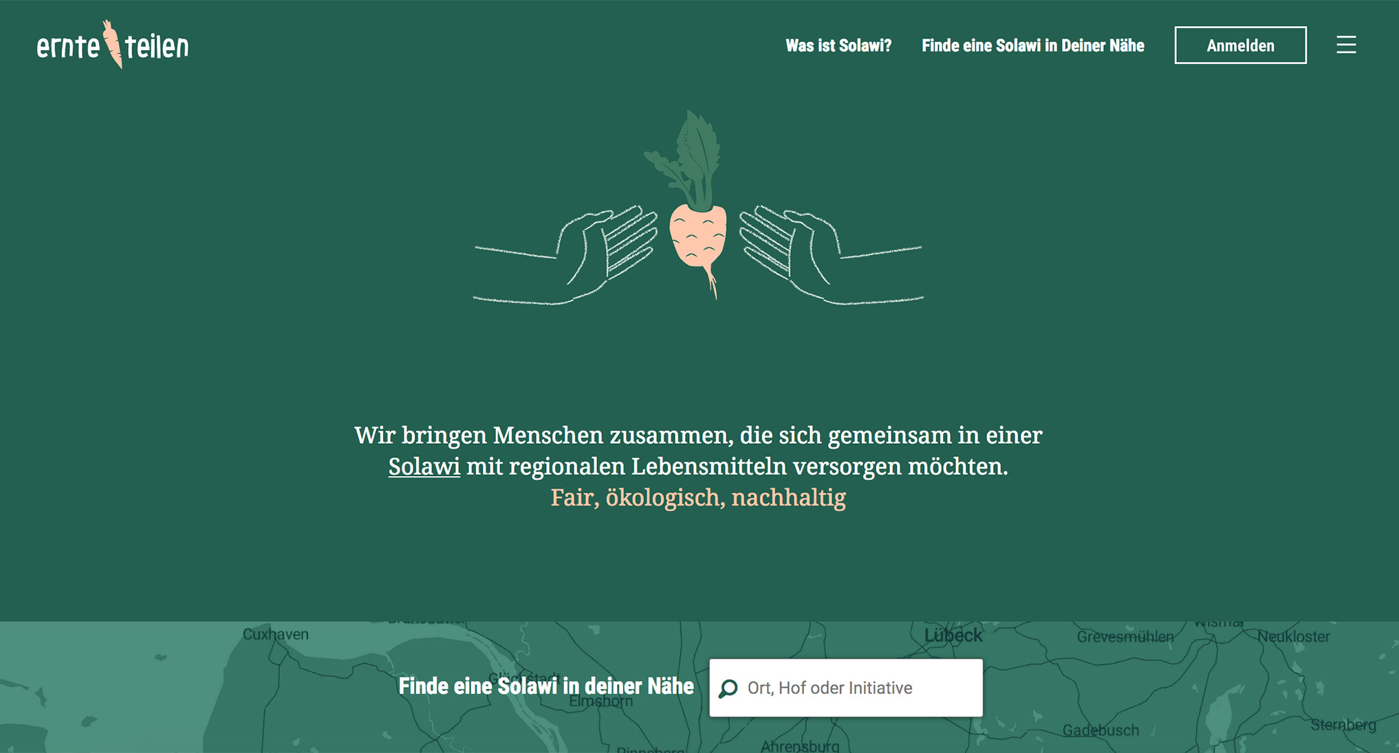 Screenshot from ernte-teilen.org showing a large illustration of hands holding a beet