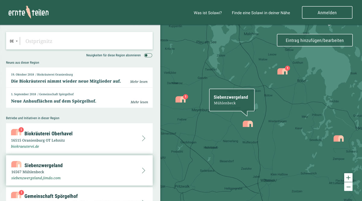 Screenshot from ernte-teilen.org showing a map with farms and food hubs